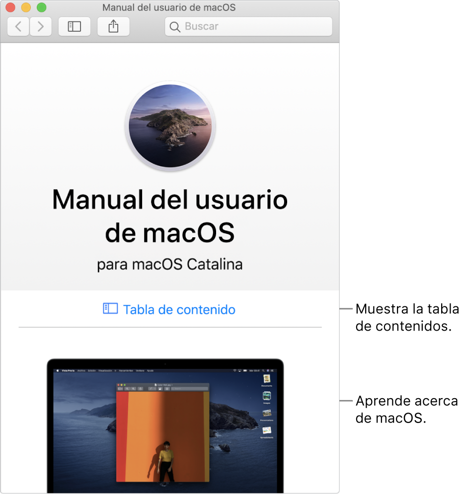 La página de bienvenida del Manual de usuario de macOS con el enlace a la tabla de contenido.