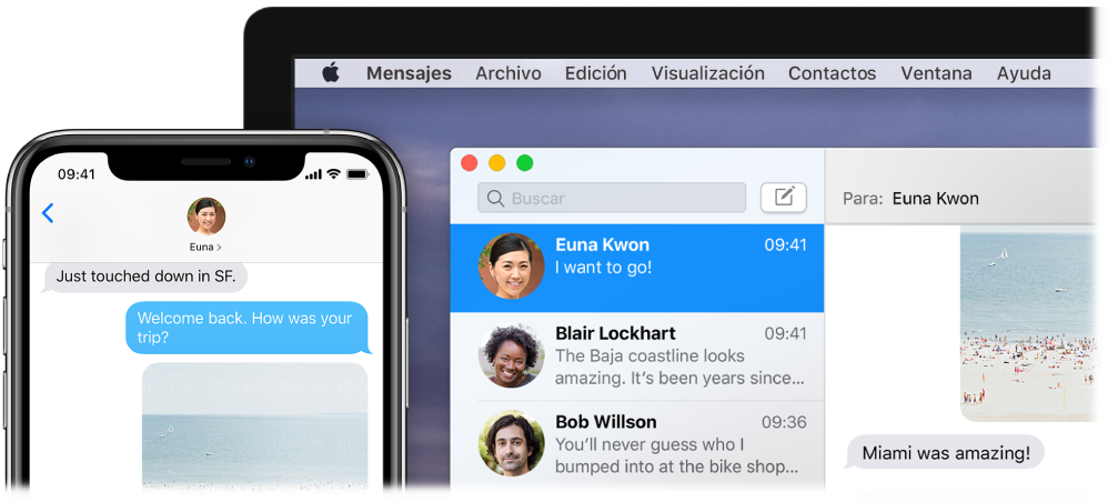 La app Mensajes abierta en una Mac mostrando la misma conversación en Mensajes en un iPhone.