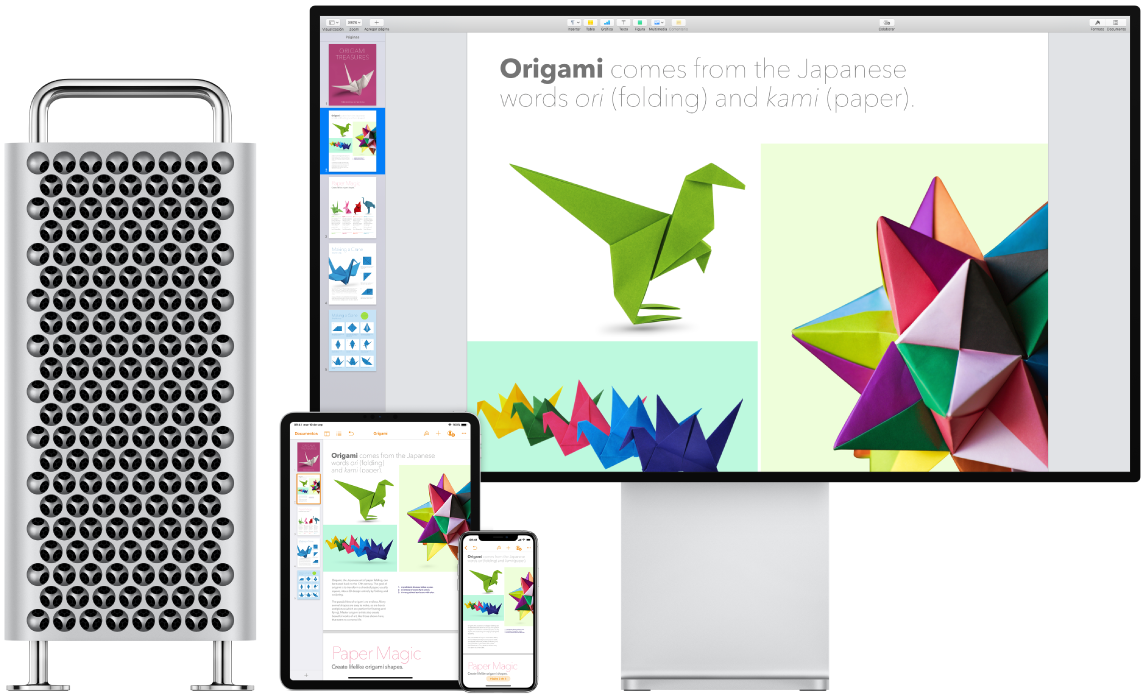 Mac Pro, iPad y iPhone mostrando el mismo contenido.
