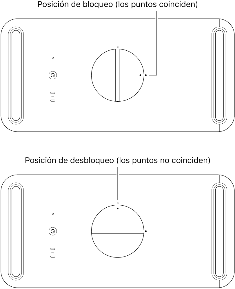 Parte superior de la carcasa de la computadora mostrando el pestillo en la posición de bloqueo y desbloqueo.