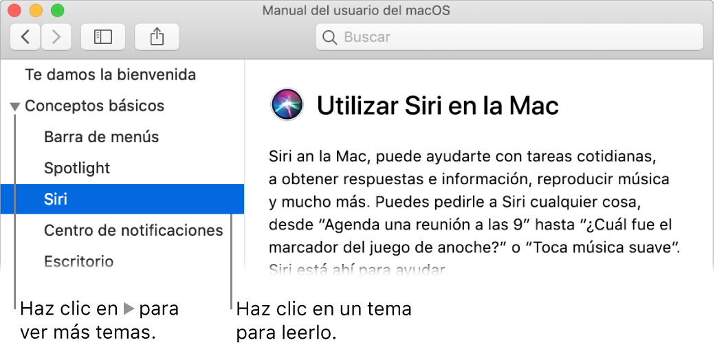 Visor de Ayuda mostrando cómo ver temas en la barra lateral y cómo mostrar el contenido de un tema.