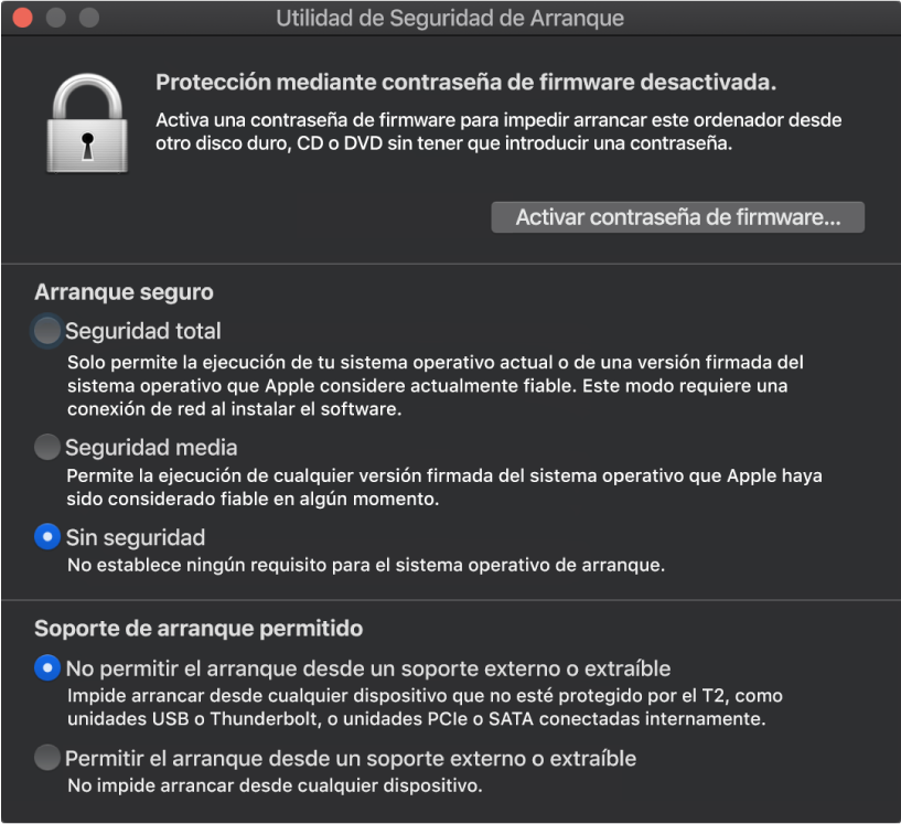 Está abierta la ventana de la Utilidad de Seguridad de Arranque con una opción marcada para el arranque seguro y otra opción marcada para el arranque externo.