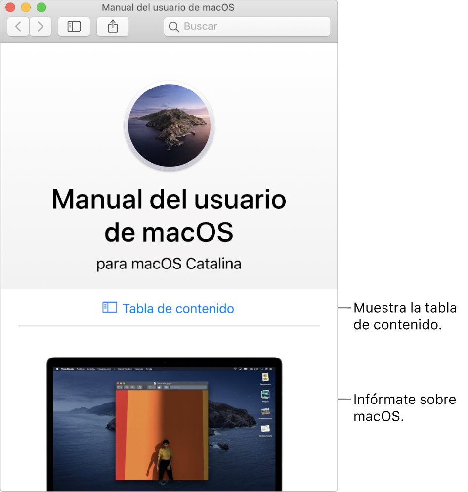 Página de bienvenida del Manual del usuario de macOS con el enlace de la tabla de contenido.