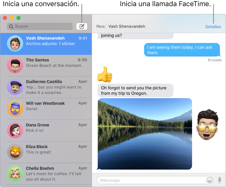 Una ventana de Mensajes donde se muestra cómo iniciar una conversación y cómo iniciar una llamada FaceTime.