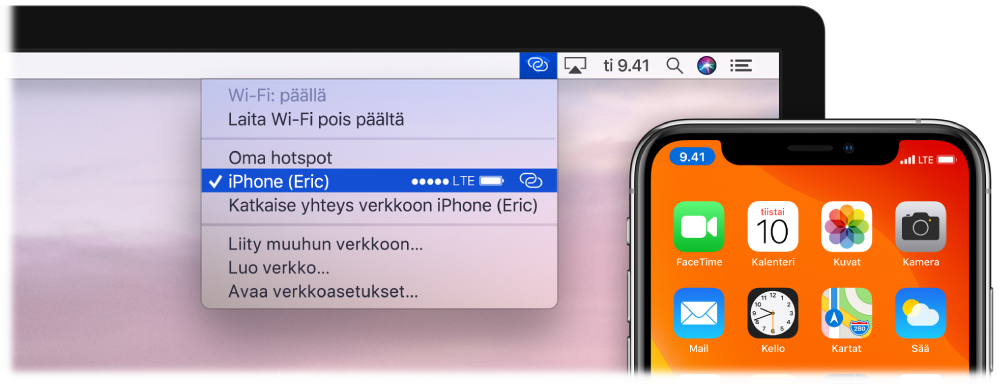 Macin näyttö, jonka Wi-Fi-valikossa näkyy Oma hotspot iPhonessa.