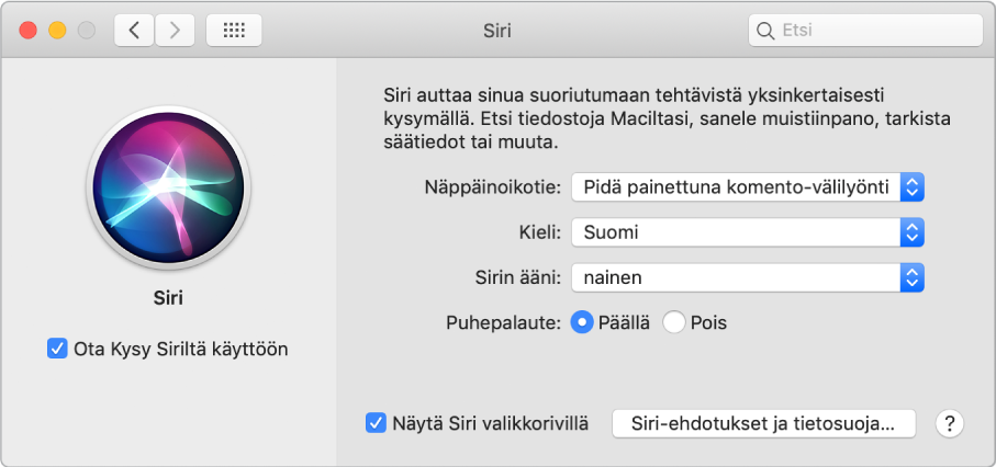 Siri-asetusikkuna, jossa vasemmalla on Ota Kysy Siriltä käyttöön ja oikealla on Siri-asetuksia.