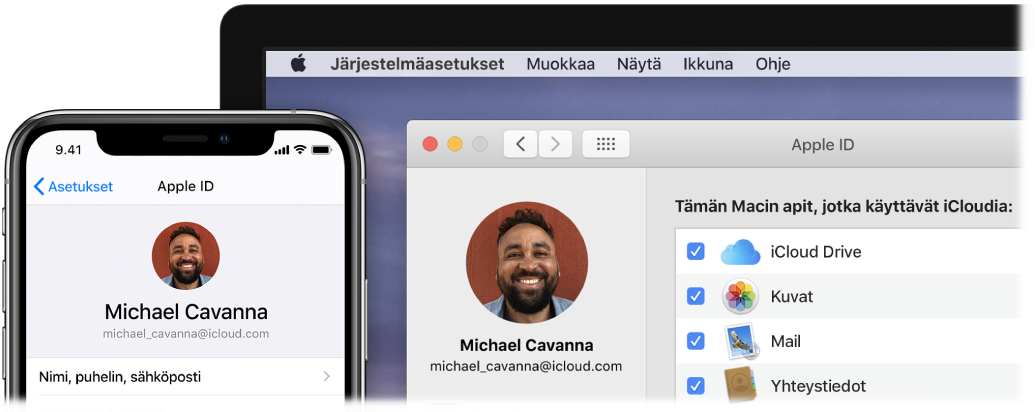 iPhone, jossa näkyy iCloud-asetukset, ja Macin näyttö, jossa näkyy iCloud-ikkuna.