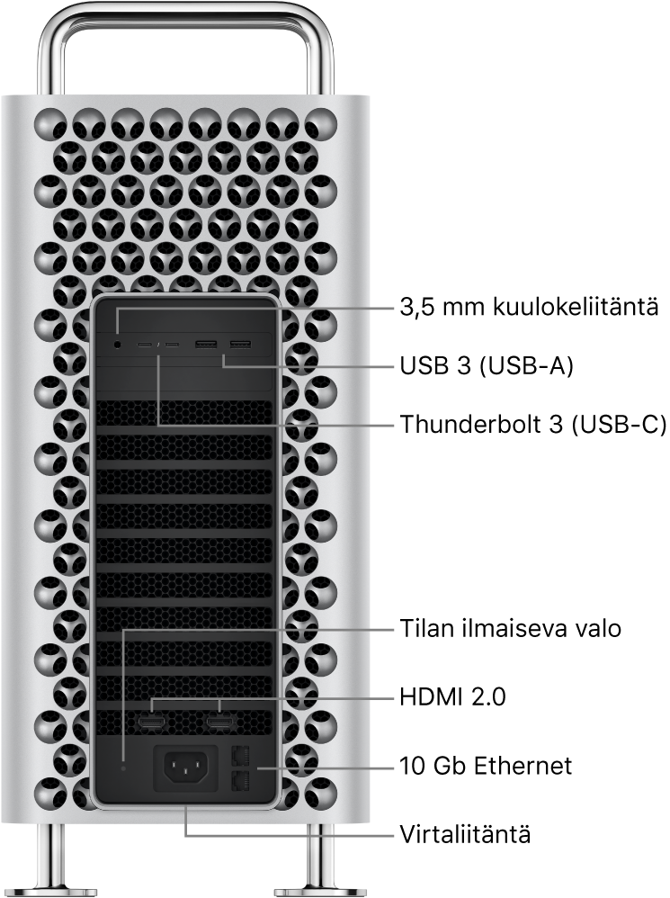 Mac Pro sivusta, jossa näkyy 3,5 mm kuulokeliitäntä, kaksi USB-A-porttia, kaksi Thunderbolt 3 (USB-C) -porttia, tilan merkkivalo, kaksi HDMI 2.0 -porttia, kaksi 10 Gigabit Ethernet -porttia ja virtaliitäntä.