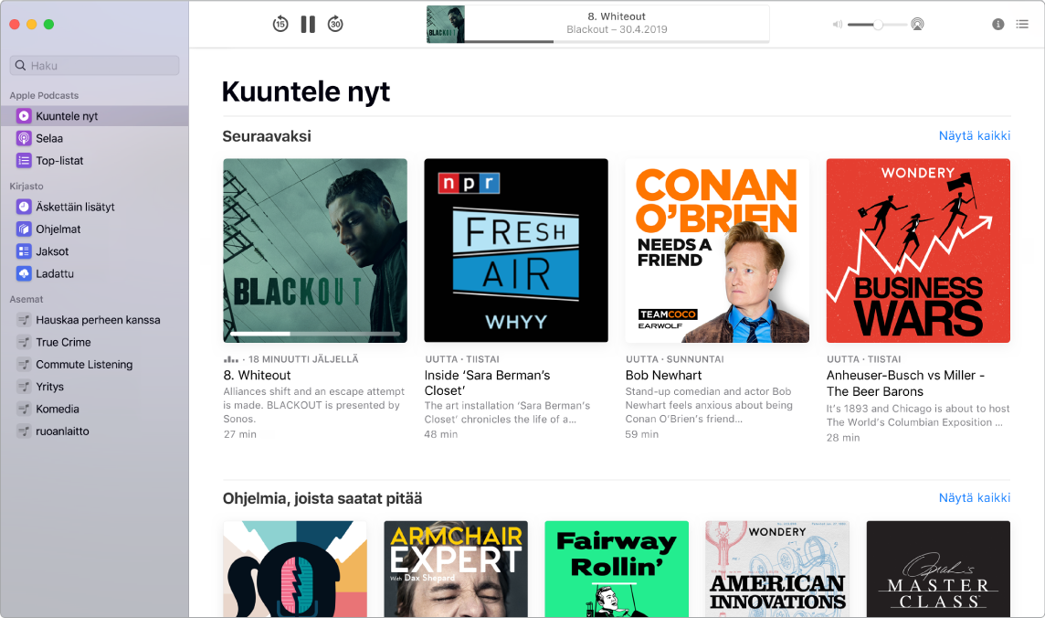 Podcastit-ikkuna, jossa näkyy hakukenttä ja hakutulokset.