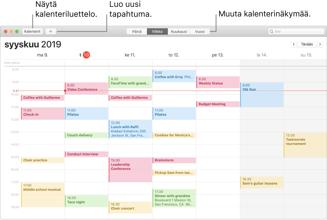 Kalenteri-ikkuna, jossa näytetään, kuinka tapahtuma lisätään, kalenteriluettelo näytetään ja valitaan näkymäksi päivä, viikko, kuukausi tai vuosi.