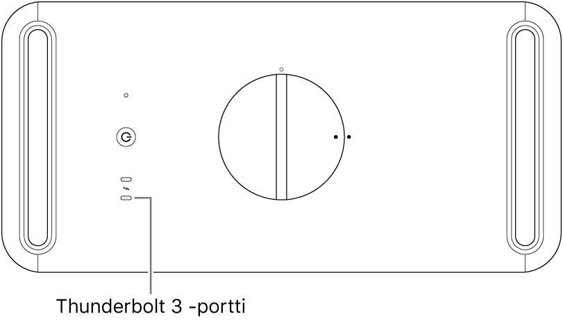 Mac Pron yläpuoli, jossa osoitetaan käytettäväksi tarkoitettua Thunderbolt 3 -porttia.