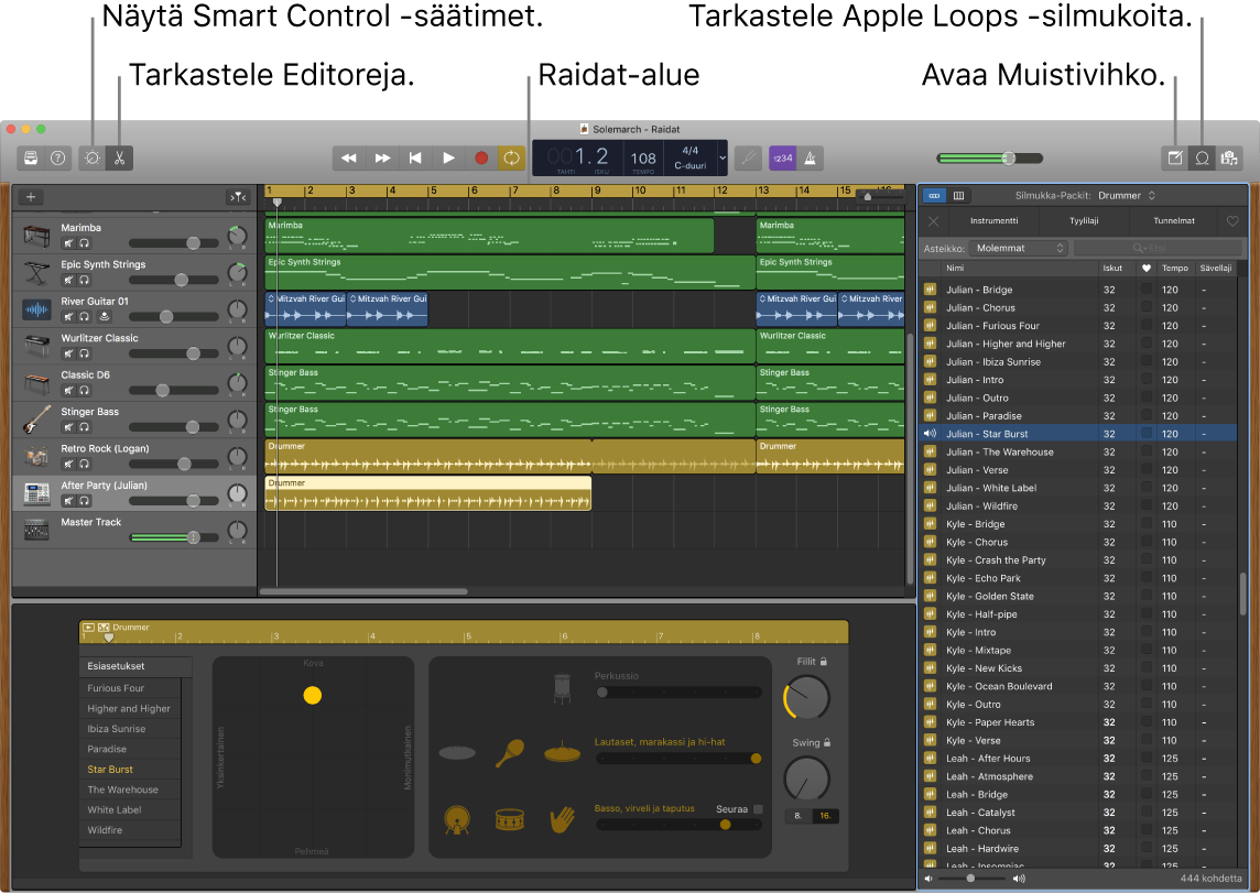 GarageBand-ikkuna, jossa näkyy painikkeet Älykkäiden säätimien, Editorien, Muistiinpanojen ja Apple Loops -silmukoiden käyttämistä varten. Siinä näkyy myös raitojen näyttö.