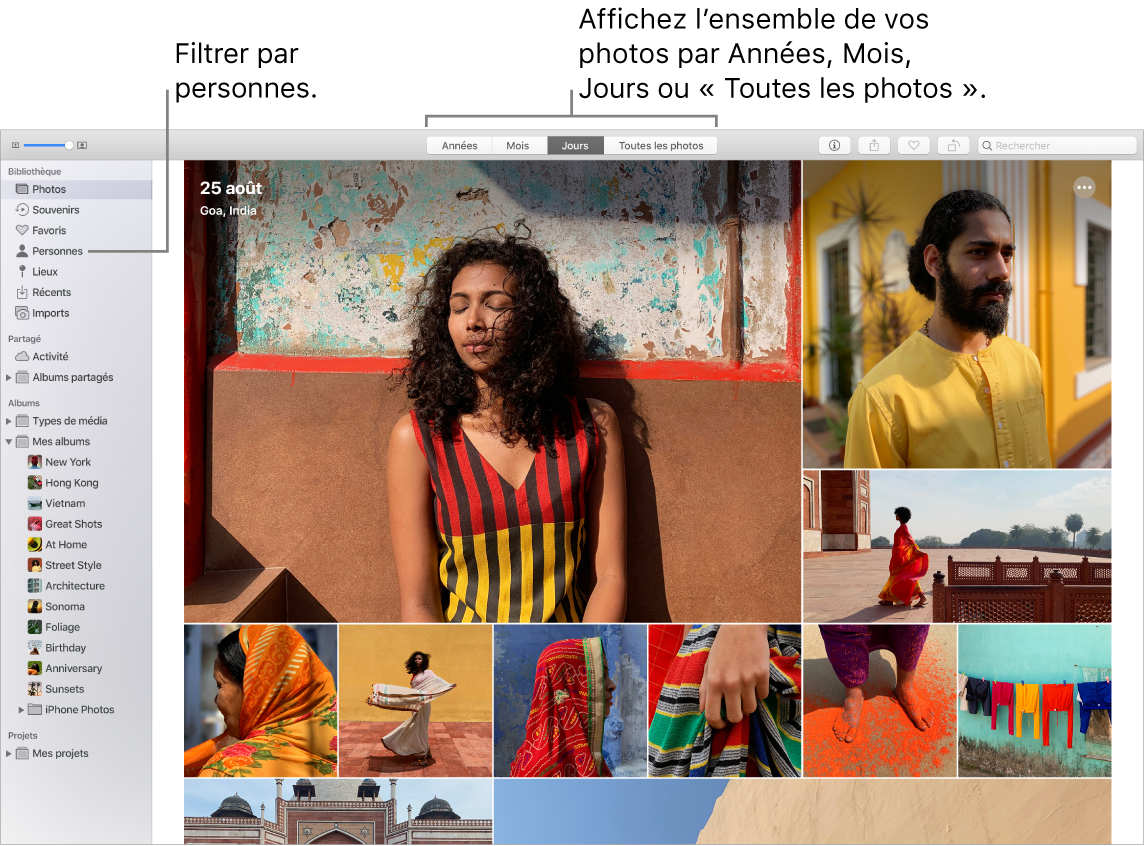 Une fenêtre Photos montrant comment filtrer les photos dans votre album de différentes façons.