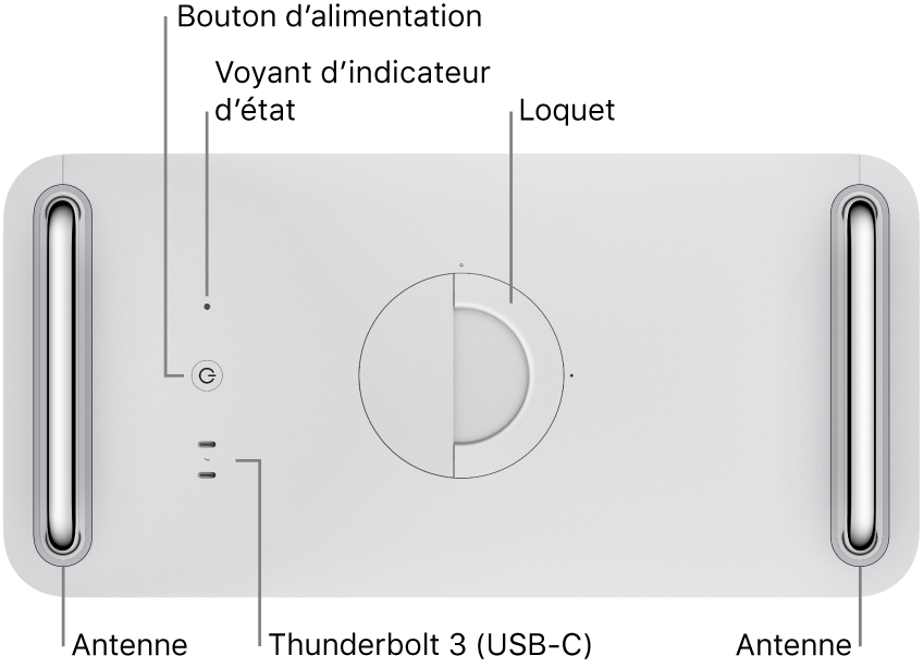 Le dessus du Mac Pro montrant le bouton d’alimentation, le voyant système, le loquet, l’antenne et deux ports Thunderbolt 3 (USB-C).