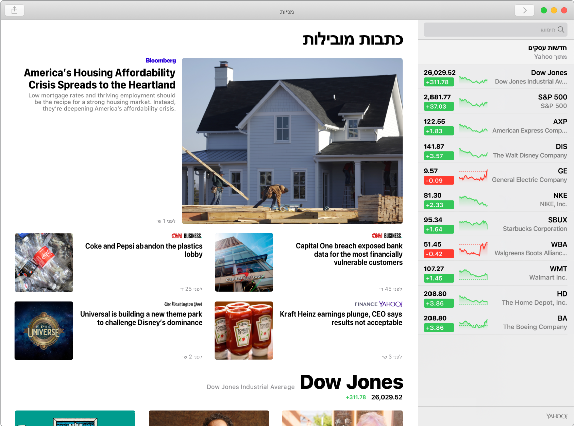 לוח המחוונים של המניות המציג את מחירי השוק ברשימת מניות בליווי ״כתבות מובילות״.