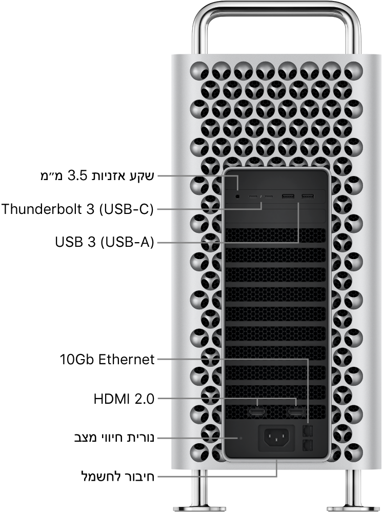 מבט מהצד על Mac Pro המציג את מחבר האוזניות של 3.5 מ״מ, שתי יציאות USB-A, שתי יציאות Thunderbolt 3 (USB-C), נורית מחוון המצב, שתי יציאות HDMI 2.0, שתי יציאות Ethernet ‏10 ג״ס ויציאת ספק כוח.