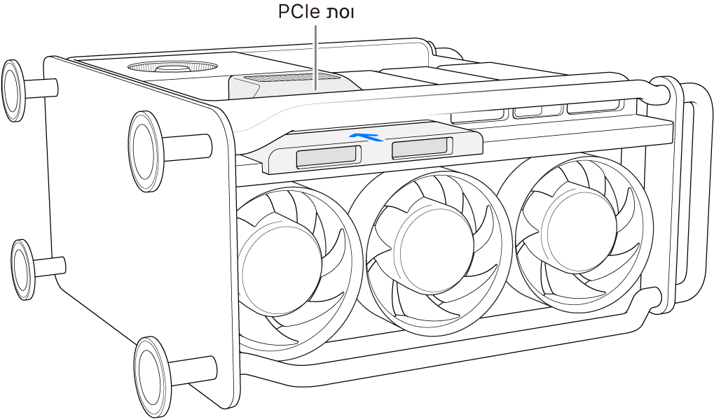 ‏Mac Pro מונח על צדו באופן שמציג את וסת ה-PCIe ומכסה ה-SSD.