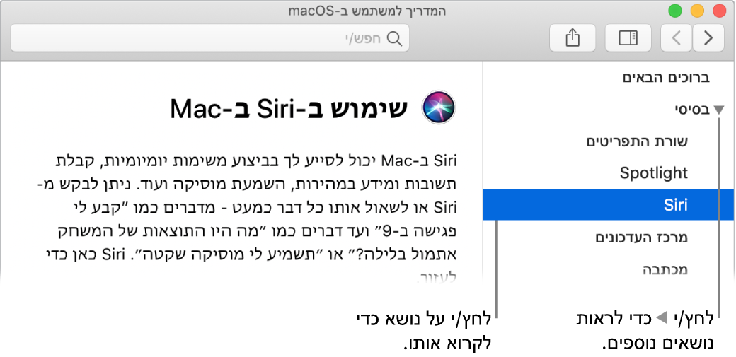 מציג העזרה המראה כיצד לצפות בנושאים המופיעים בסרגל הצד וכיצד להציג את התוכן של נושא.