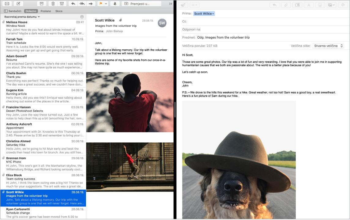 Prozor aplikacije Mail u razdvojenom zaslonu prikazuje dvije poruke jednu pored druge.