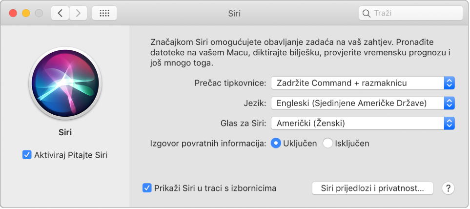 Prozor s postavkama za Siri s odabranom opcijom Aktiviraj Pitajte Siri slijeva i nekoliko opcija za podešavanje Siri zdesna.