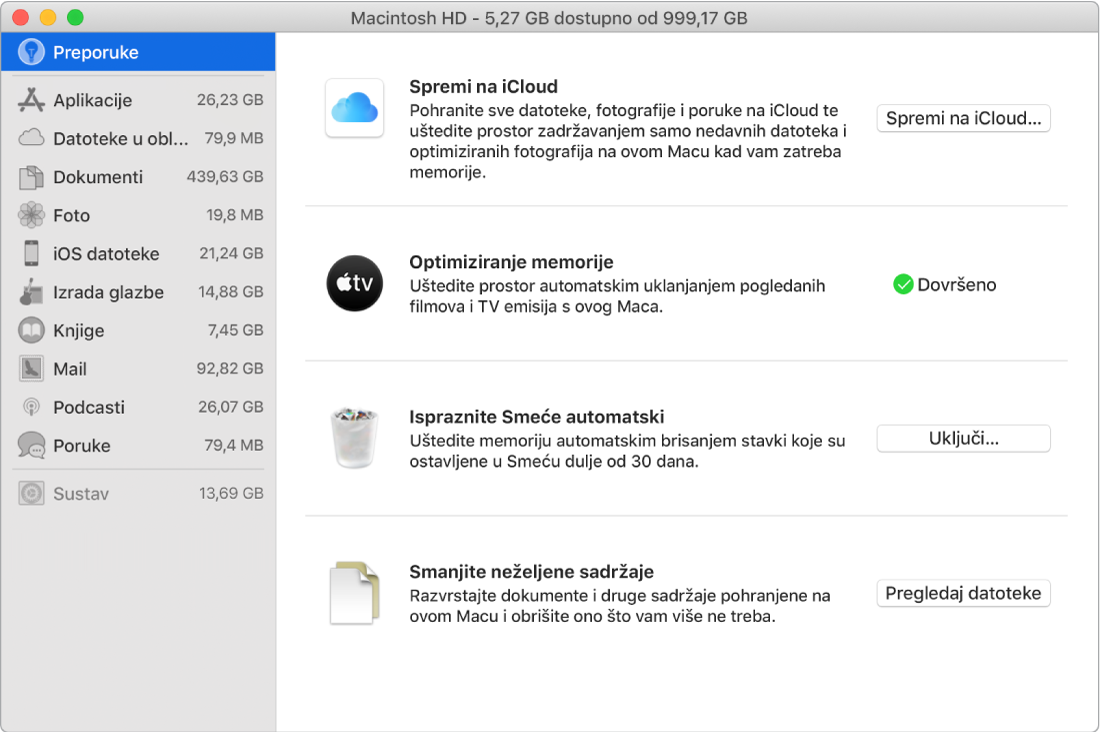 Postavke Preporuka za pohranu prikazuju opcije Spremi na iCloud, Optimiziraj memoriju, Automatski obriši Smeće i Smanji neželjene sadržaje.