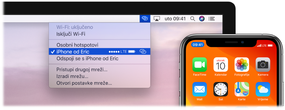 Zaslon Maca s izbornikom Wi-Fi prikazuje Osobni hotspot spojen na iPhone.