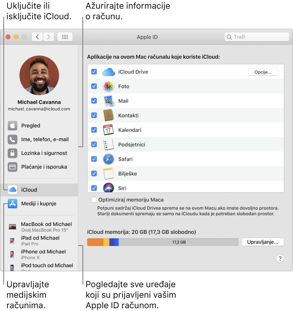 Prozor Apple ID-ja u Postavkama sustava. Kliknite stavku u rubnom stupcu za ažuriranje podataka o računu, uključite ili isključite iCloud, upravljajte medijskim računima i pregledajte sve uređaje na koje ste prijavljeni koristeći svoj Apple ID.