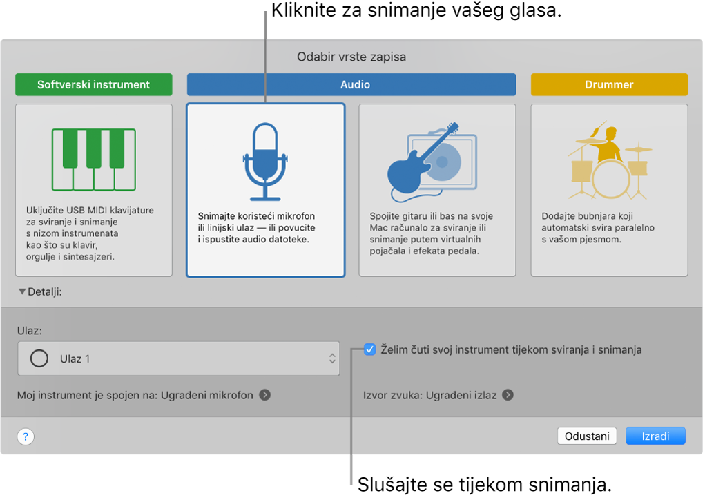 Ploča za instrumente aplikacije GarageBand prikazuje gdje kliknuti za snimanje glasa te kako se preslušati nakon snimanja.