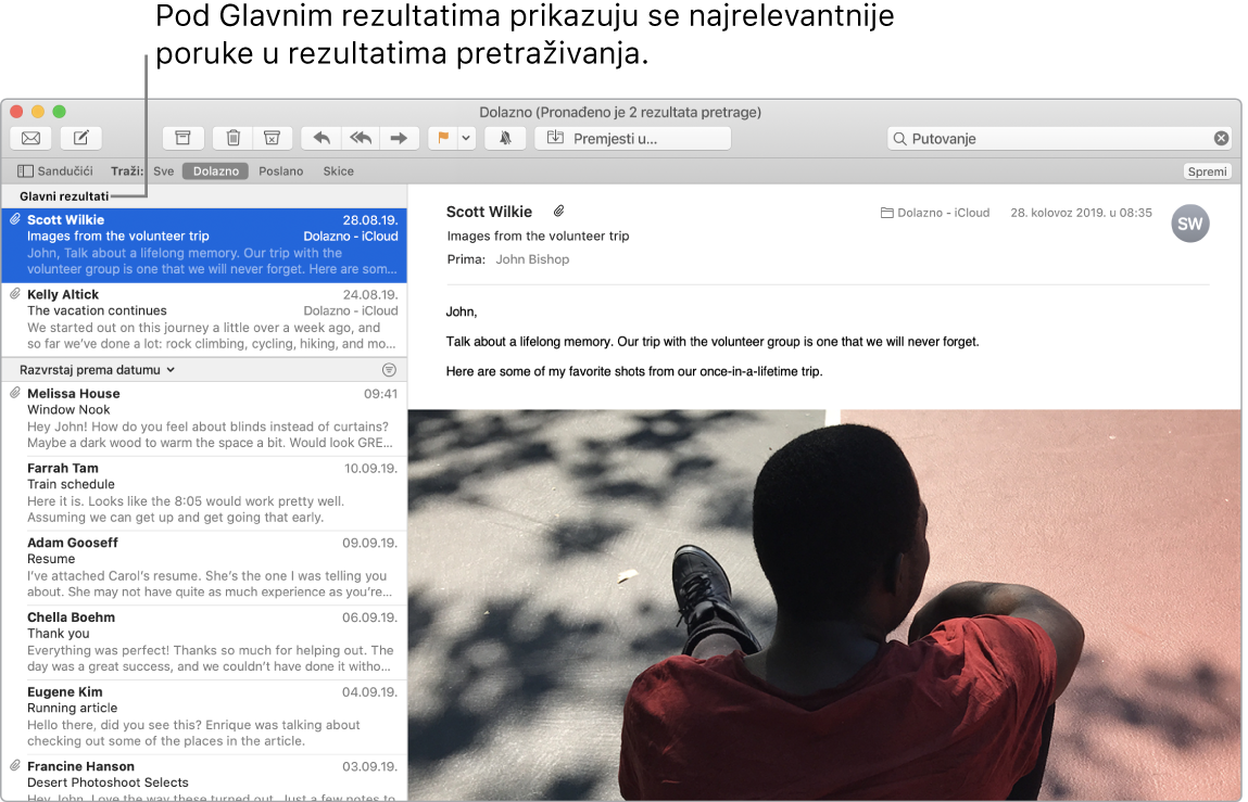 Prozor aplikacije Mail prikazuje glavne rezultate na vrhu popisa koje slijede ostali rezultati.