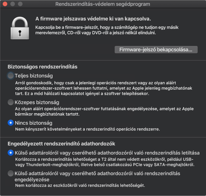 A Rendszerindítás-védelem segédprogram ablak meg van nyitva, amelyben a biztonságos rendszerindítás és a külső rendszerindítás mellett lévő négyzetek be vannak jelölve.