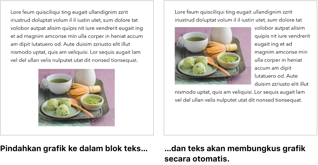 Jendela Pages menampilkan cara teks dibungkus di sekitar grafik.