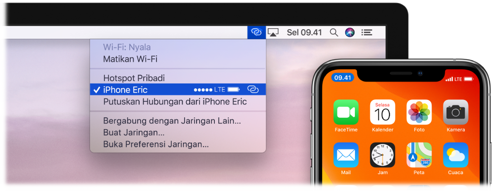 Layar Mac dengan menu Wi-Fi menampilkan Hotspot Pribadi yang terhubung ke iPhone.