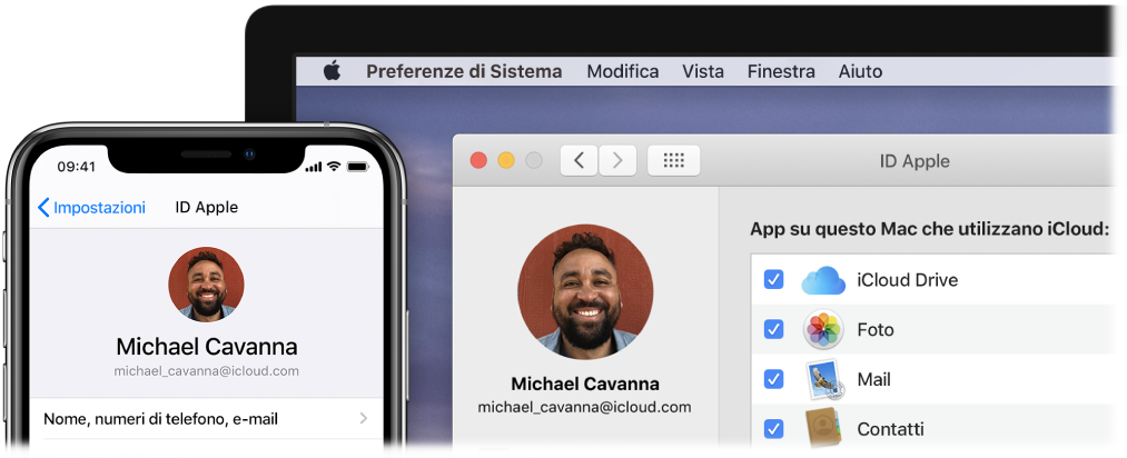 iPhone che mostra le impostazioni iCloud e uno schermata del Mac che mostra la finestra di iCloud.