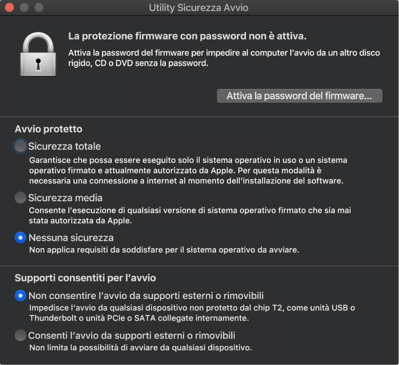 La finestra di Utility Sicurezza Avvio si apre, presentando due opzioni selezionate: una per l'avvio protetto e una per l'avvio esterno.