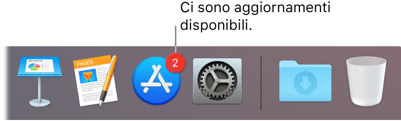 Sezione del Dock in cui è visualizzata l'icona di App Store con un badge, che indica che sono disponibili aggiornamenti.