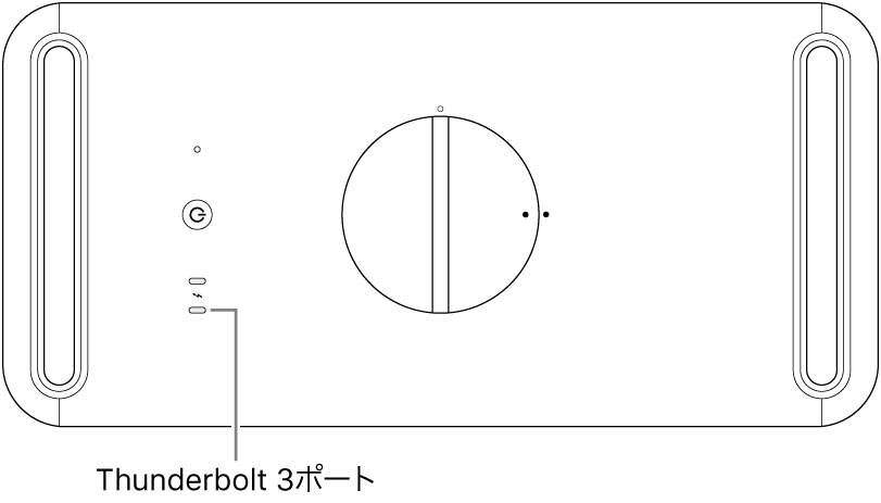 Mac Proの上面。使用する正しいThunderbolt 3ポートを指しています。