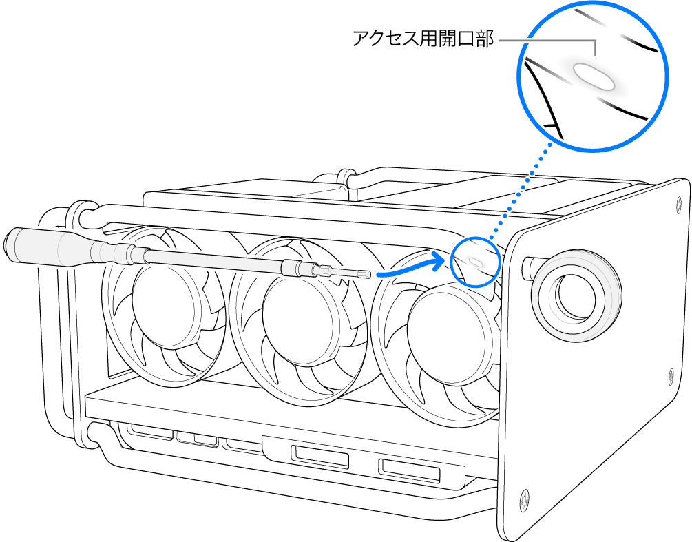 ドライバーをアクセス用の開口部に合わせています。