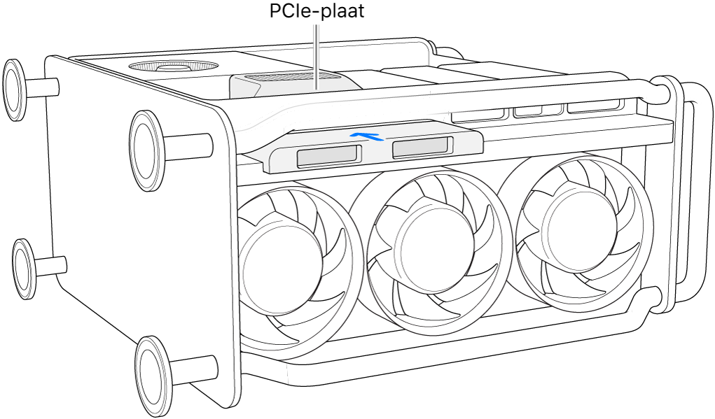 Een Mac Pro op zijn kant, waarbij de PCIe-plaat en SSD-afdekking worden aangegeven.