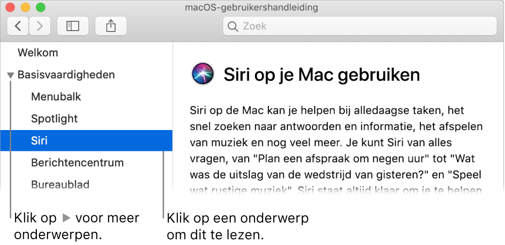 Help-viewer waarin je ziet hoe je onderwerpen uit de navigatiekolom bekijkt en hoe je de inhoud van een onderwerp weergeeft.