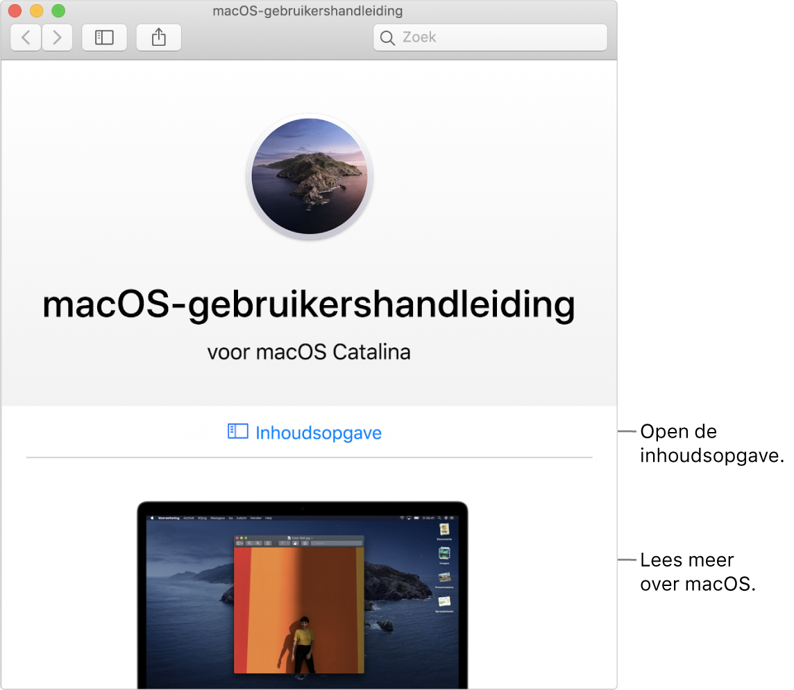 De welkomstpagina van de macOS-gebruikershandleiding met de link 'Inhoudsopgave'.