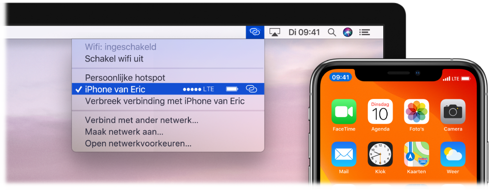 Het scherm van een Mac met het wifimenu met daarin een persoonlijke hotspot verbonden met een iPhone.