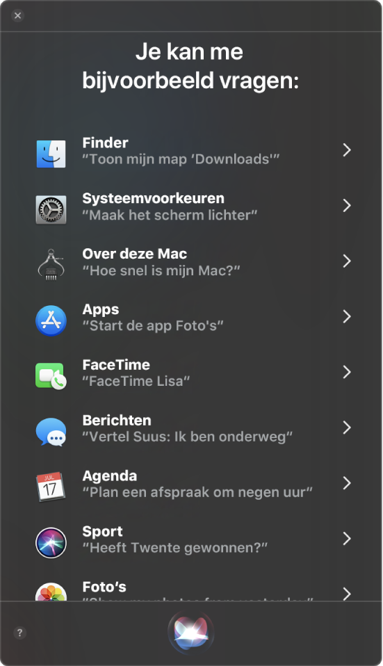 Een Siri-venster met de kop "Wat je mij zoal kunt vragen" en voorbeelden van wat je aan Siri kunt vragen, zoals "Heeft Zwolle gewonnen?"