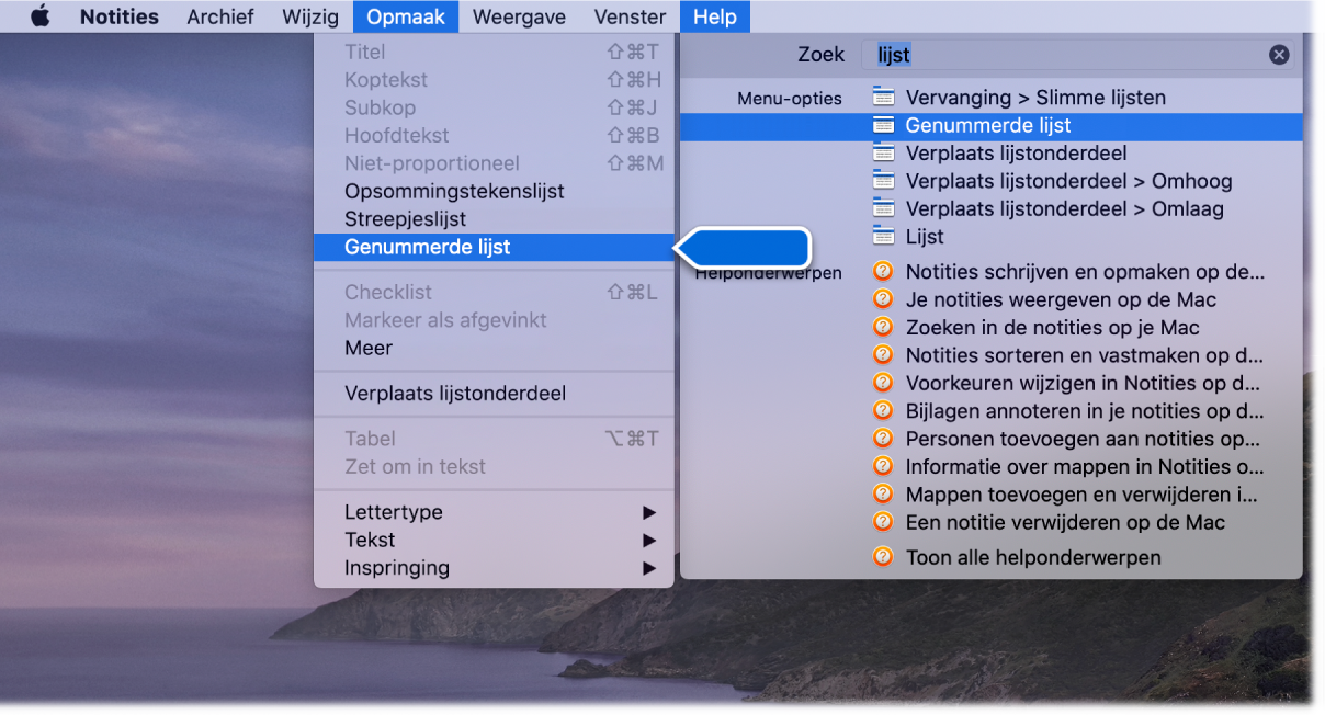 Het Help-menu met een zoekopdracht "lijst" met het commando 'Lijst met opsommingstekens' gemarkeerd in de lijst met resultaten en in het Opmaak-menu.