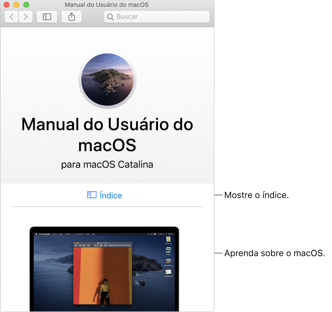 Página de boas-vindas do Manual do Usuário do macOS mostrando o link Índice.