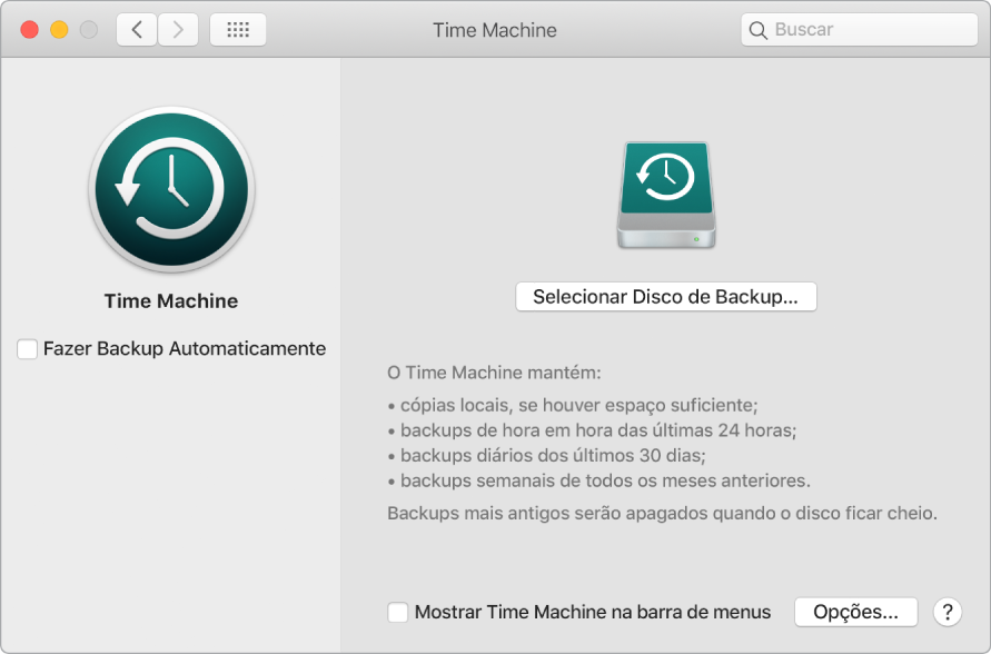 Janela de backup do Time Machine.