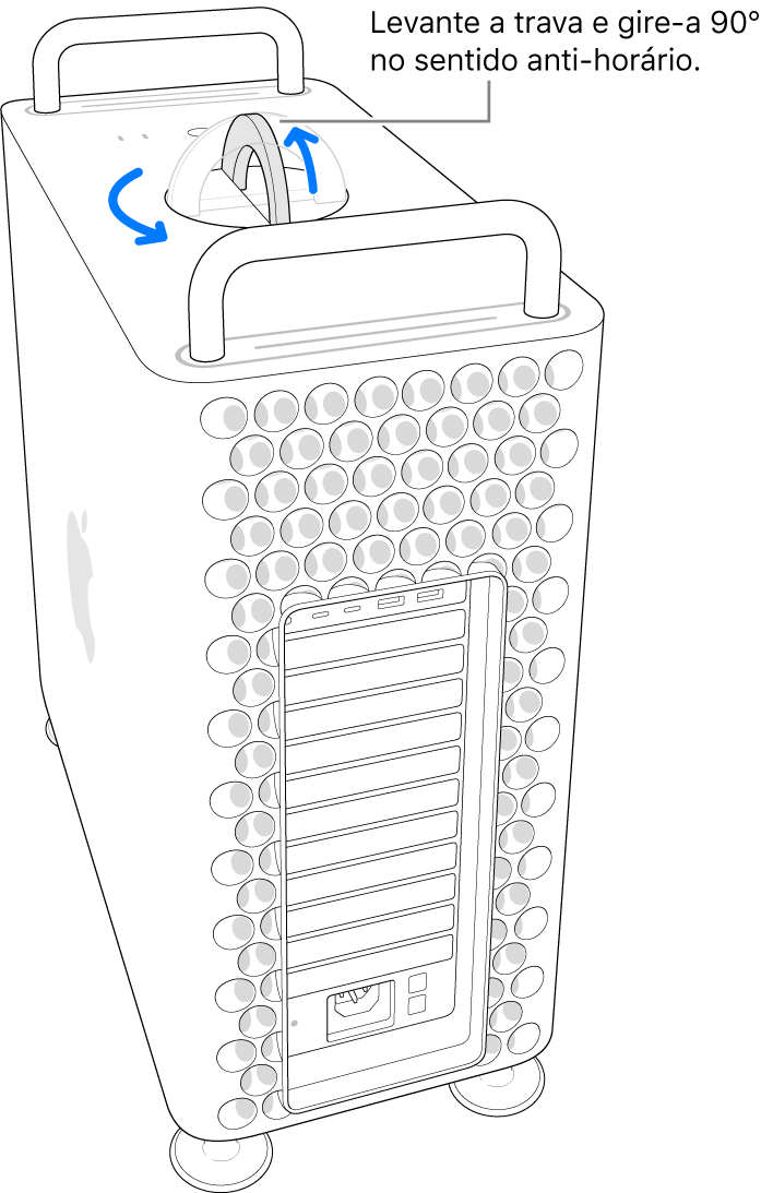 Mostrando o primeiro passo para remover o gabinete do computador ao levantar a trava e girá-la em 90 graus.