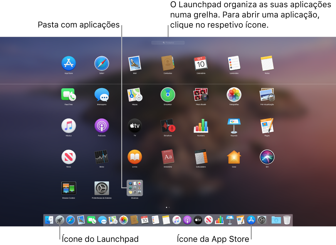 Um ecrã do Mac com o Launchpad aberto, a mostrar uma pasta de aplicações no Launchpad e os ícones do Launchpad e da App Store na Dock.