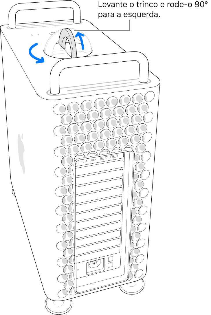 Ilustração do primeiro passo para remover a estrutura de um computador levantando o trinco e rodando-o 90 graus.