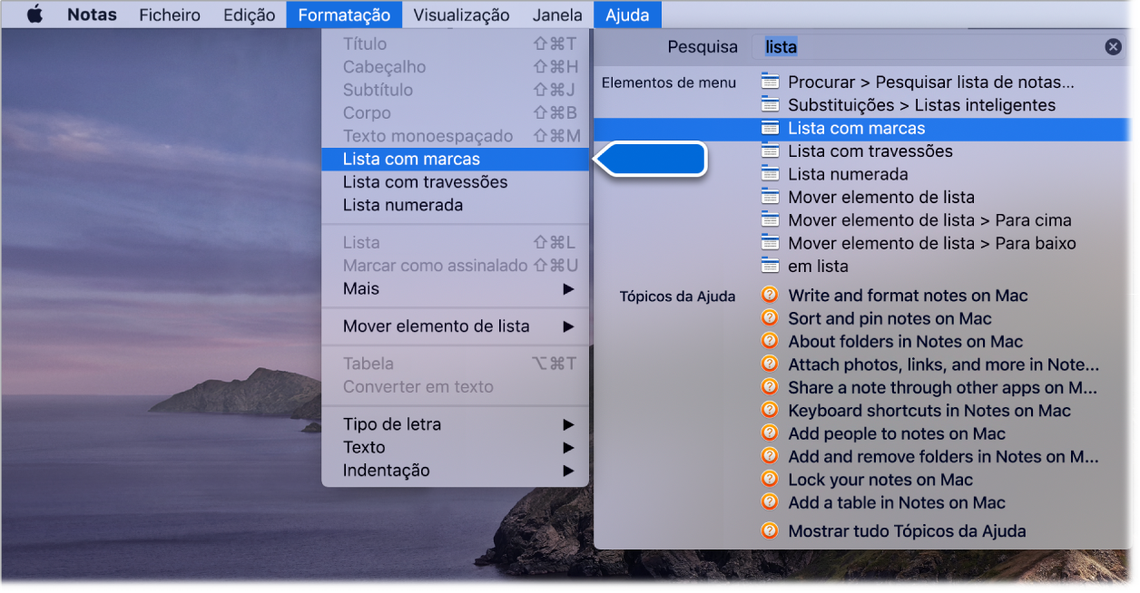 O menu Ajuda a mostrar uma pesquisa por “lista” com o comando “Lista com marcas” realçado na lista de resultados e no menu Formatação.