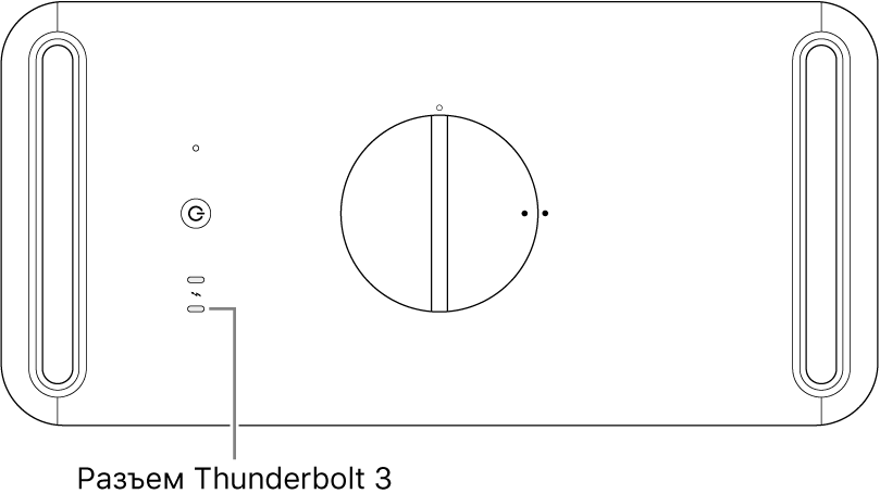 Mac Pro, вид сверху. Показан порт Thunderbolt 3, который следует использовать.